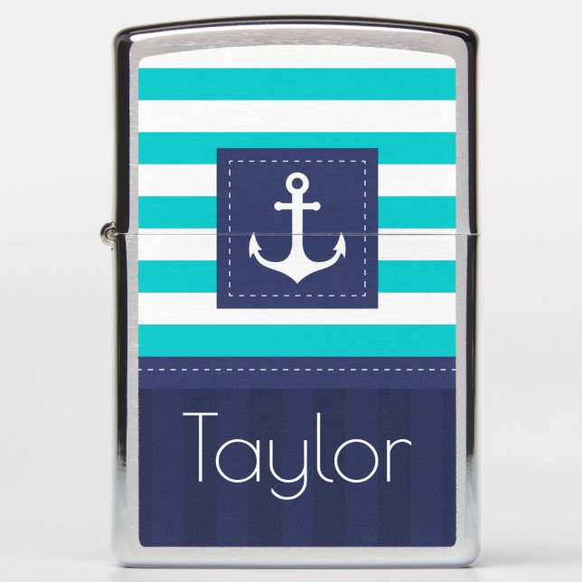 Nautical Blue Stripes Pattern Anchor Personalized Zippo Lighter (Front)