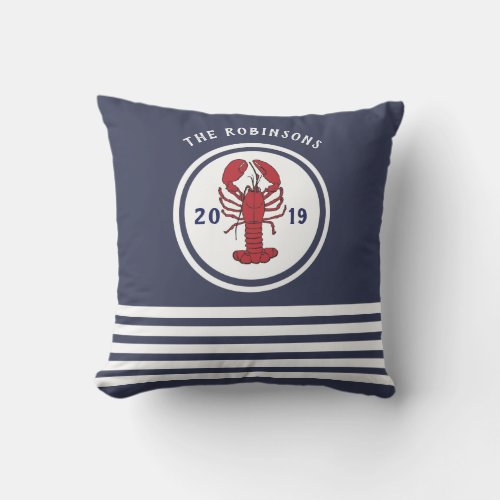Nautical Blue Stripes Pattern Lobster Family Name Outdoor Pillow