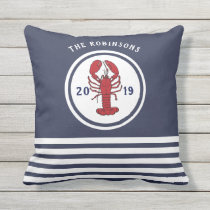 Nautical Blue Stripes Pattern Lobster Family Name Outdoor Pillow