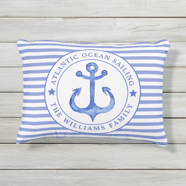 Nautical Blue Stripes Personalized Outdoor Pillow (Back)