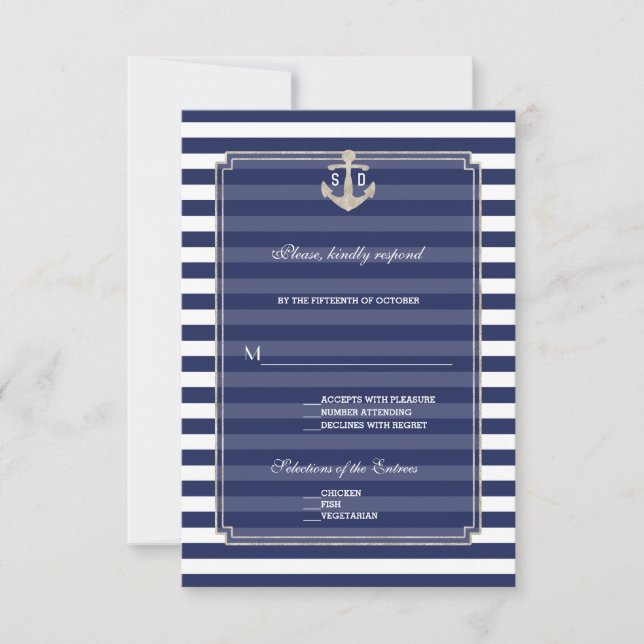 Nautical Blue Stripes Silver Anchor Wedding RSVP Card (Front)