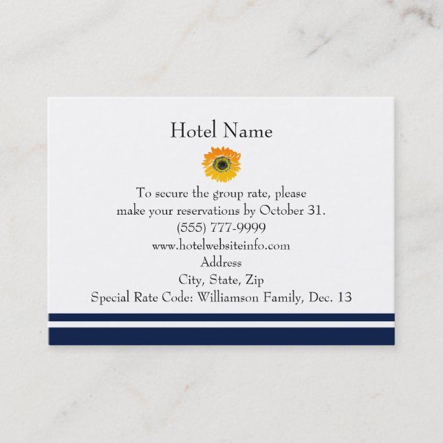 Nautical Blue Stripes Sunflower Hotel Reservations Business Card (Front)