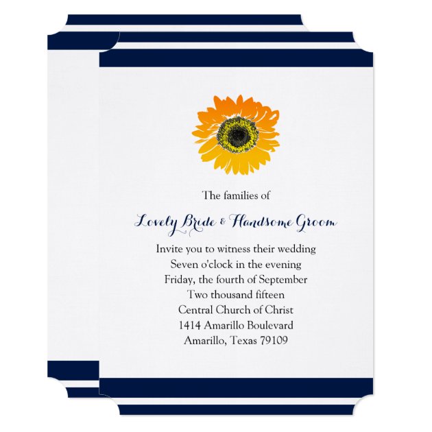 Nautical Blue Stripes Sunflower Wedding Invitation