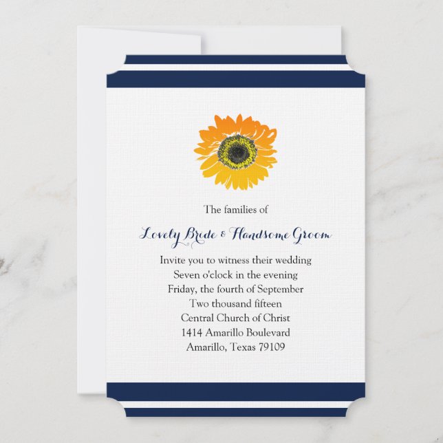 Nautical Blue Stripes Sunflower Wedding Invitation (Front)