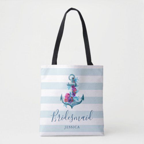 Nautical Blue Stripes Watercolor Anchor Bridesmaid Tote Bag