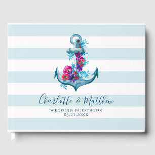 Nautical Blue Stripes Watercolor Anchor Wedding Guest Book