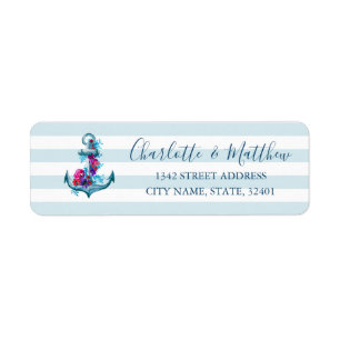 Nautical Blue Stripes Watercolor Anchor Wedding Label