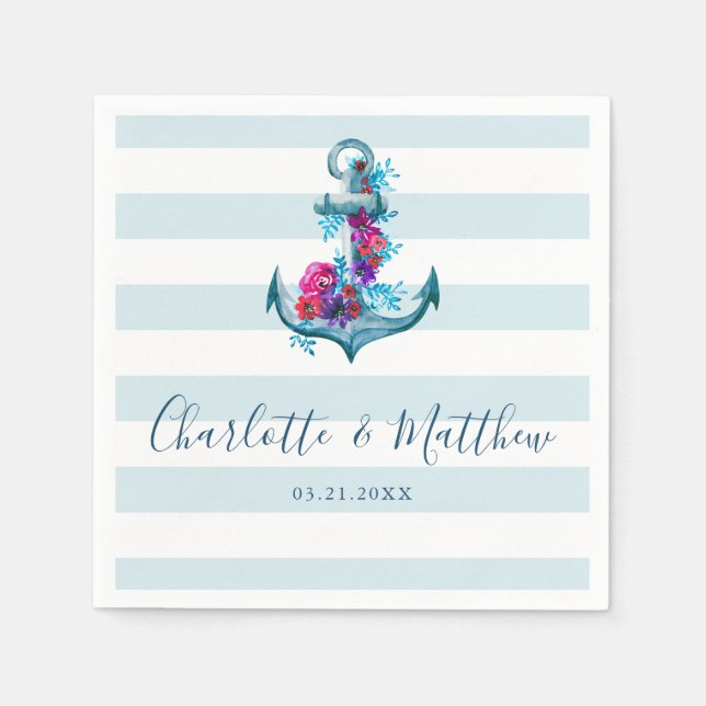 Nautical Blue Stripes Watercolor Anchor Wedding Napkins (Front)
