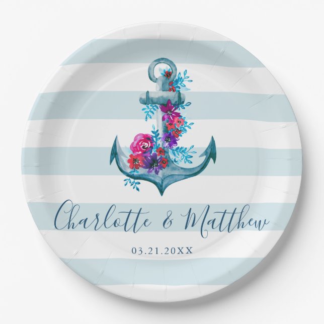 Nautical Blue Stripes Watercolor Anchor Wedding Paper Plates (Front)