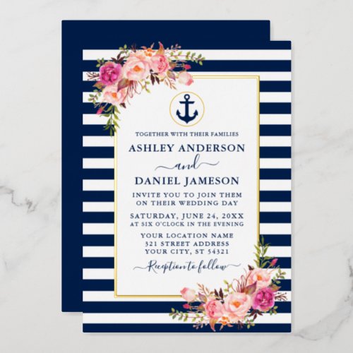 Nautical Blue Stripes Watercolor Pink Floral Gold Foil Invitation