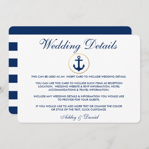Nautical Blue Stripes Wedding Details Insert Invitation