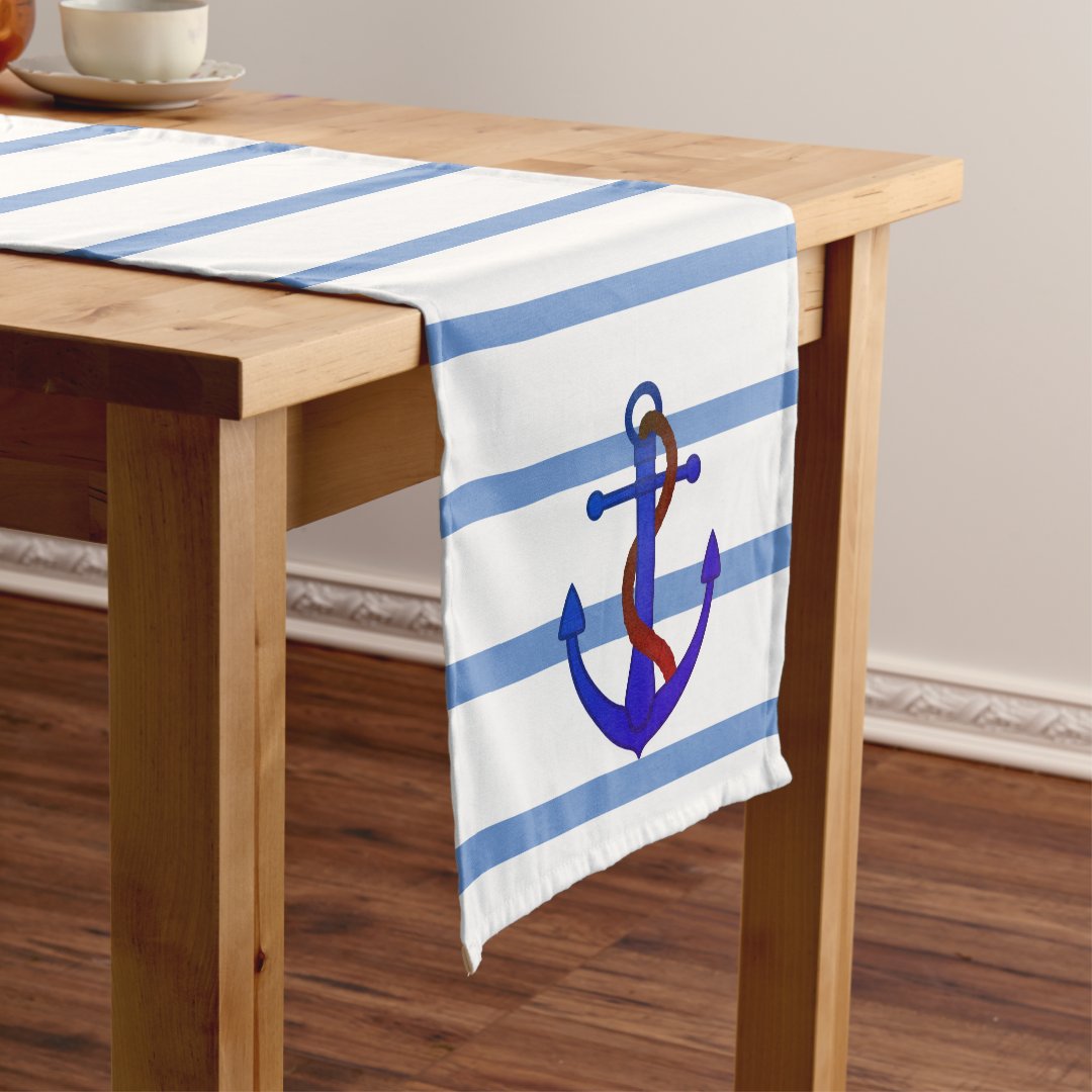 Nautical Blue Stripes with Anchor Table Runner Zazzle