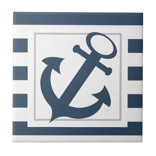 Nautical Blue Stripes with Anchor Tile