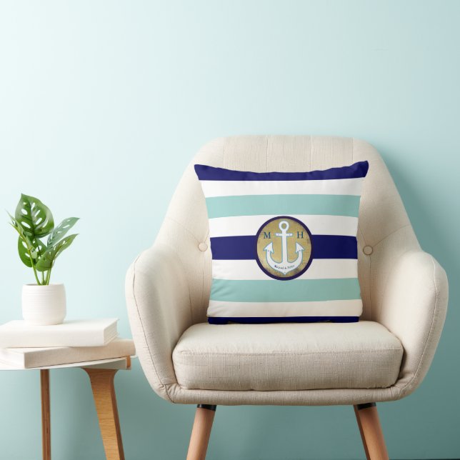nautical blue stripes with names, personalized throw pillow (Chair)