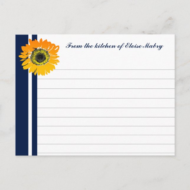 Nautical Blue Sunflower Personalized Recipe Cards (Front)