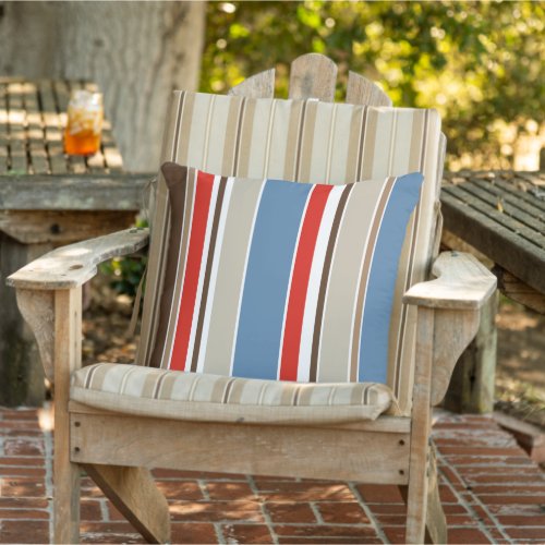 Nautical Blue Taupe Dark Brown Red White Stripes Outdoor Pillow