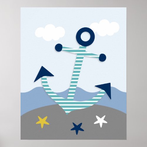 Nautical Blue Teal Gray Anchor Nursery Art Print