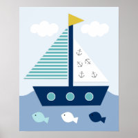Nautical Blue Teal Gray Sailboat Nursery Art Print