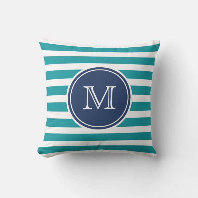 Nautical Blue Teal Stripe Monogram Throw Pillow (Front)