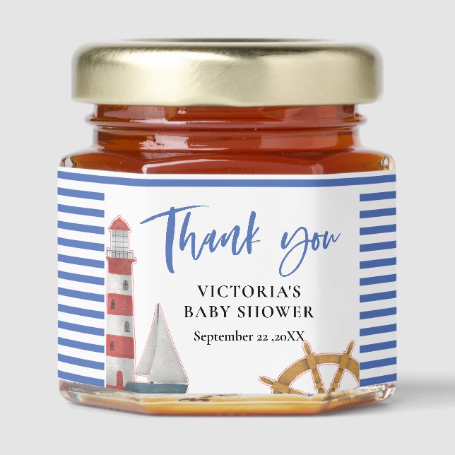 Nautical Blue Thank you Baby Shower Honey Jar Favors (Front)
