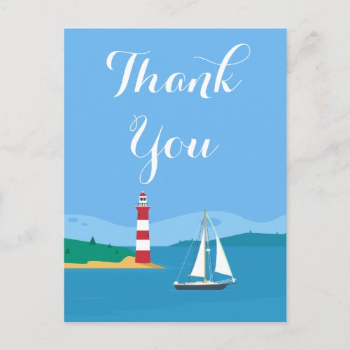 Nautical Blue Thank You Lighthouse  Sailboat Postcard