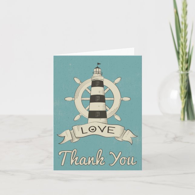 Nautical Blue Thank You Lighthouse & Ship Anchor Card (Front)