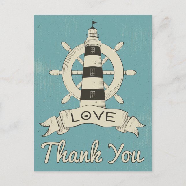 Nautical Blue Thank You Lighthouse & Ship Anchor Postcard (Front)
