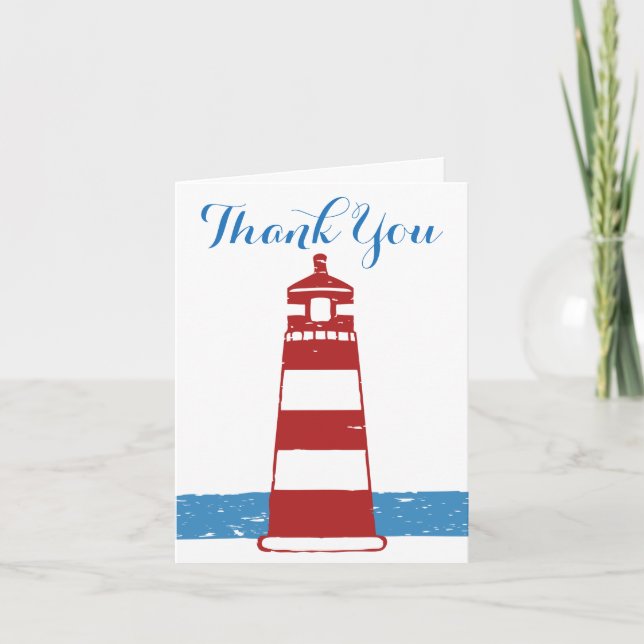Nautical Blue Thank You Red & White Lighthouse Sea Card (Front)