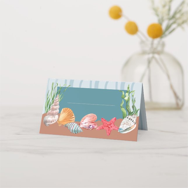 Nautical Blue Tropical Seashell Beach Wedding Place Card (Front)