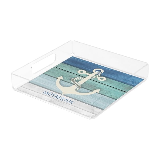 Nautical Blue Turquoise Distressed Wood Anchor Acrylic Tray (Angled)