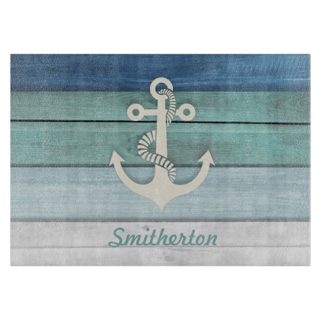 Nautical Blue Turquoise Distressed Wood Anchor Cutting Board (Front)