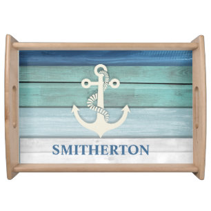 Nautical Blue Turquoise White Anchor Ocean Beach Serving Tray