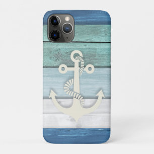Nautical Blue Turquoise White Wood Anchor iPhone 11 Pro Case