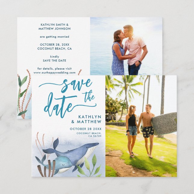 Nautical Blue Under The Sea Blue Whale Wedding Save The Date (Front/Back)