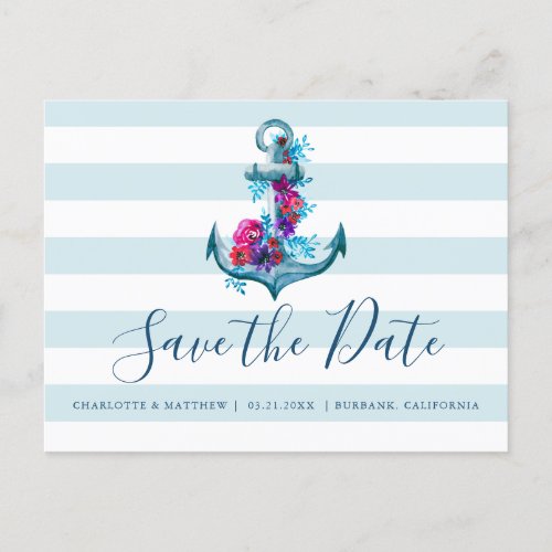 Nautical Blue Watercolor Anchor Save The Date Announcement Postcard