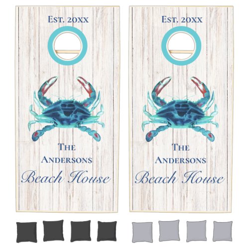 Nautical Blue Watercolor Crab Beach White Wood Cornhole Set