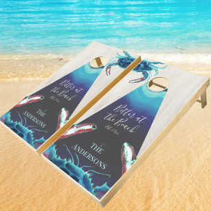 Nautical Blue Watercolor Crab Teal Blue Beach Cornhole Set