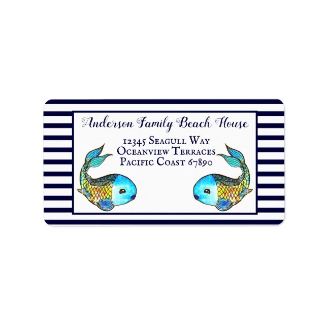 Nautical Blue Watercolor Fish Beach House Address Label (Front)