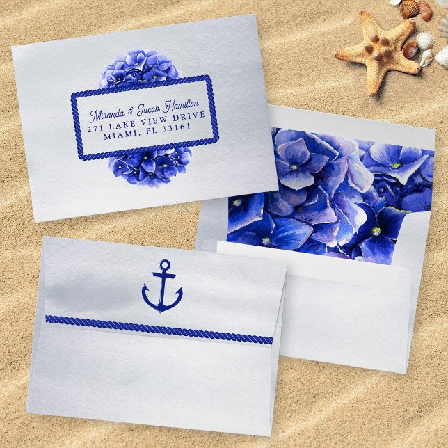 Nautical Blue Watercolor Flowers Self Addressed Envelope (Mockup of front, back and inside of envelope)