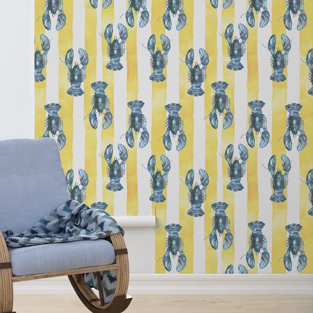 Nautical Blue Watercolor Lobster Yellow Stripe Wallpaper (Creator Uploaded)