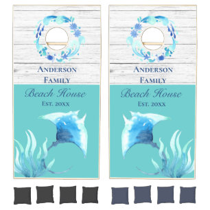 Nautical Blue Watercolor Manta ray fish White Wood Cornhole Set