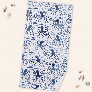 Nautical Blue Watercolor Octopus Undersea Pattern Beach Towel