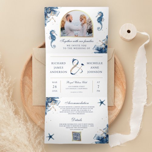 Nautical Blue Watercolor Seahorse QR Code Wedding Tri_Fold Invitation