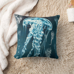 Nautical blue watercolor seahorses jellyfish throw pillow