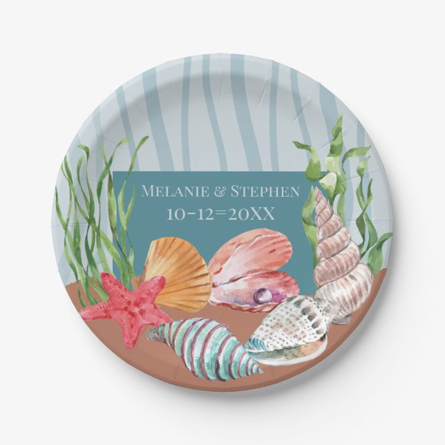 Nautical Blue Watercolor Seashell Beach Wedding Paper Plates (Front)