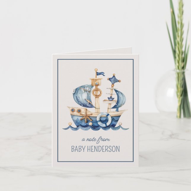 Nautical Blue Watercolor Ship Personalized Note Card (Front)