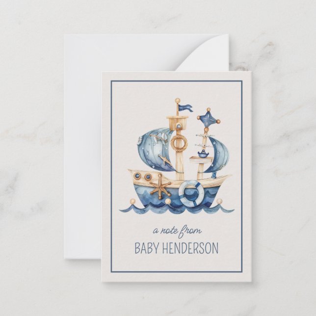 Nautical Blue Watercolor Ship Personalized Note Card (Front)