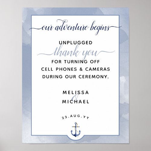 Nautical Blue Watercolor Unplugged Wedding Sign