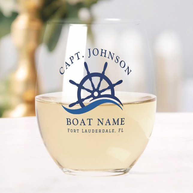 Nautical Blue Wave Navy Captain Ship Helm Boat Stemless Wine Glass (Nautical Blue Wave Navy Captain Ship Helm Boat Stemless Wine Glass)