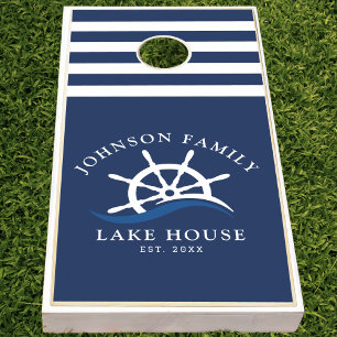 Nautical Blue Wave Navy Lake House Ship Helm Boat Cornhole Set
